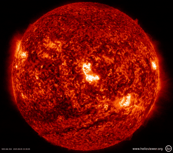 SDO AIA 304 shows an M4.5-class flare on 5th August 2025. Credit: Solar Dynamic Observatory. 